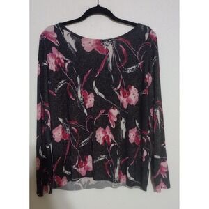 Chicos Metallic Floral Knit Sweater Womens Size 2 Large Black Pink Long Sleeve